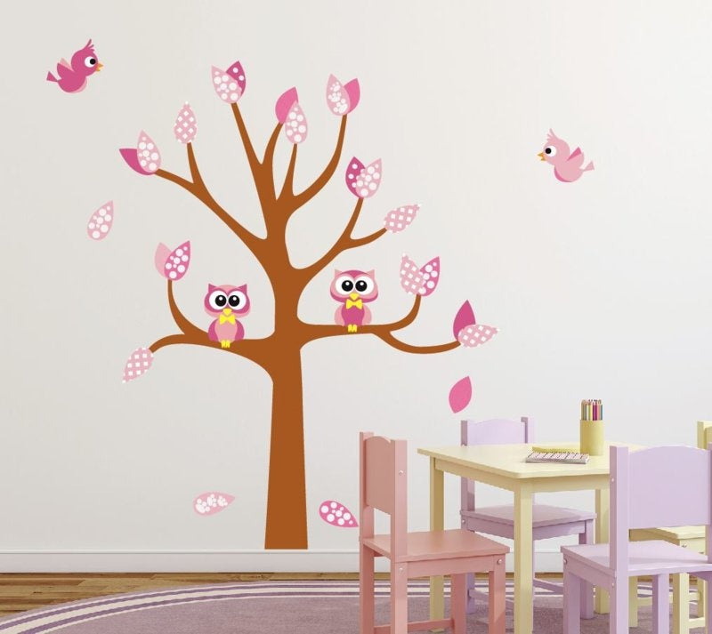 Muursticker roze boom met uilen en vogels meisjeskamer