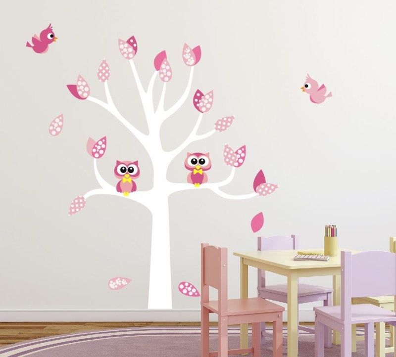 Muursticker roze boom met uilen en vogels meisjeskamer