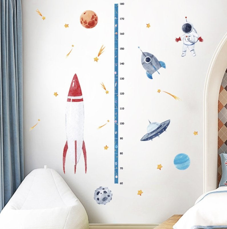 Muursticker ruimte raket en voertuigen groeimeter - hoogtemeter