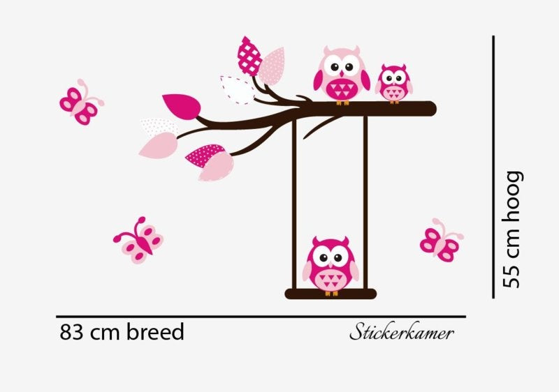 Muursticker tak met uilen en vlinders roze babykamer