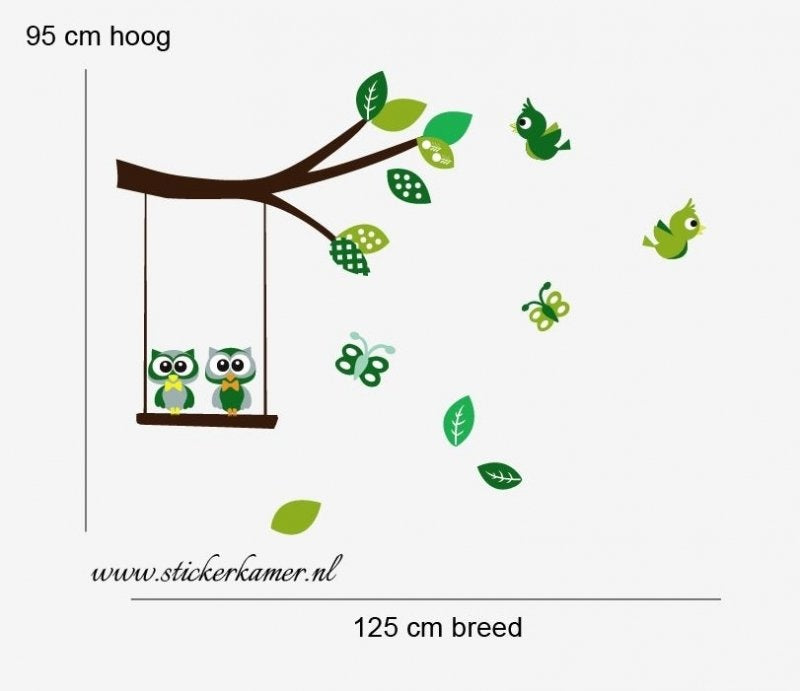 Muursticker tak met uilen en vogels groen kinderkamer