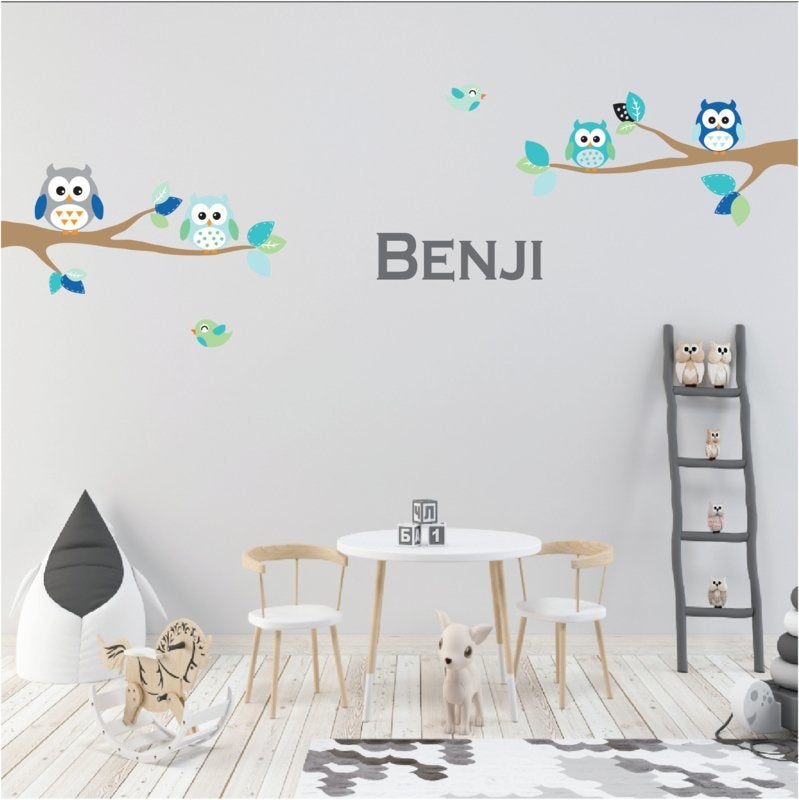 Muursticker tak met uilen en vogels kinderkamer