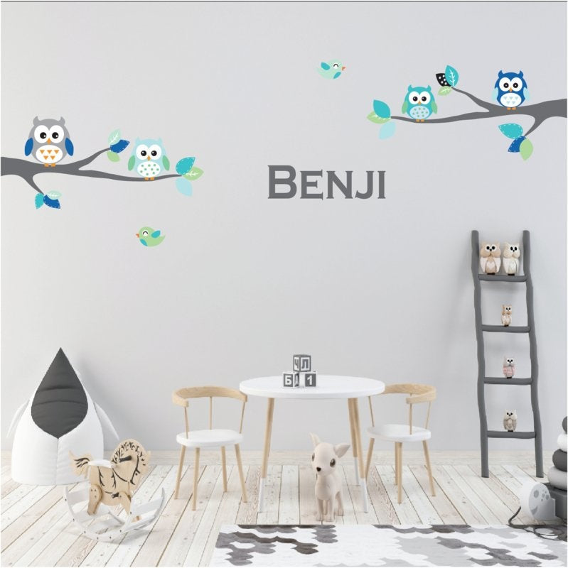 Muursticker tak met uilen en vogels kinderkamer