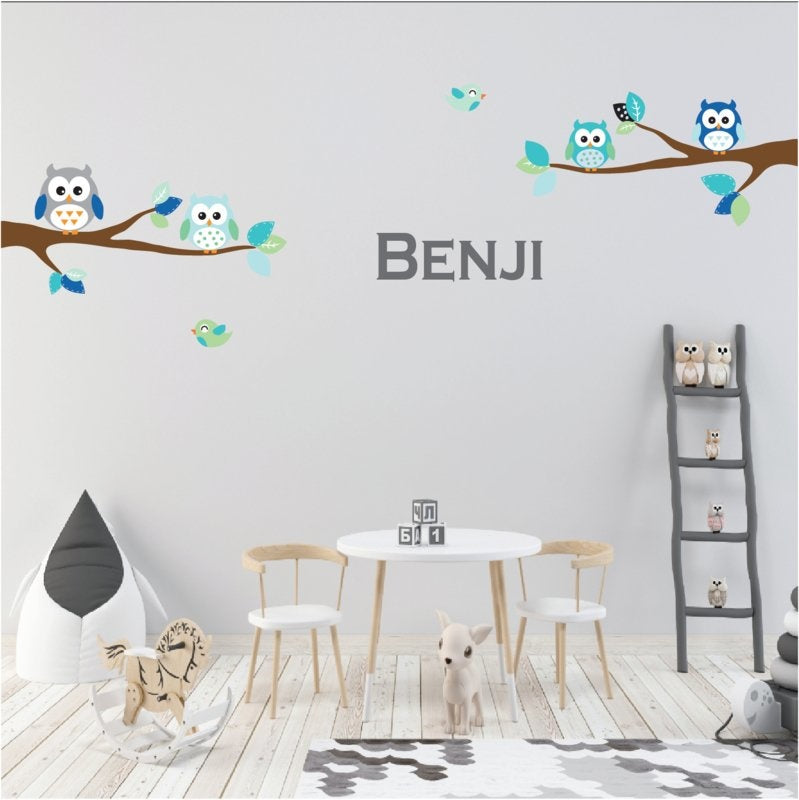Muursticker tak met uilen en vogels kinderkamer