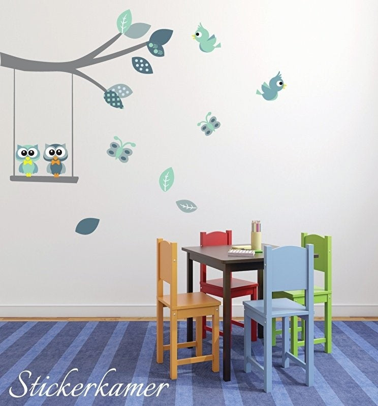 Muursticker tak uilen en vogels mint babykamer