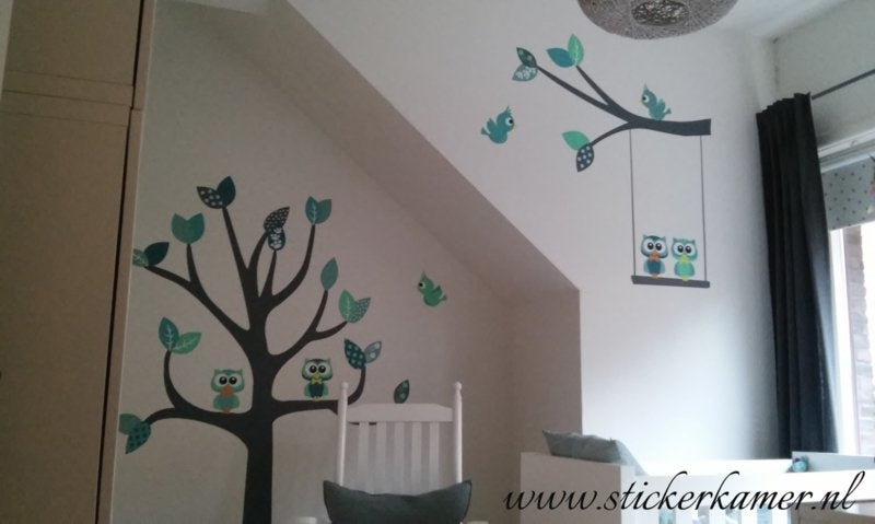 Muursticker tak uilen en vogels mint babykamer