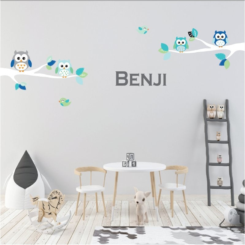 Muursticker takken met uilen ocean green XL kinderkamer