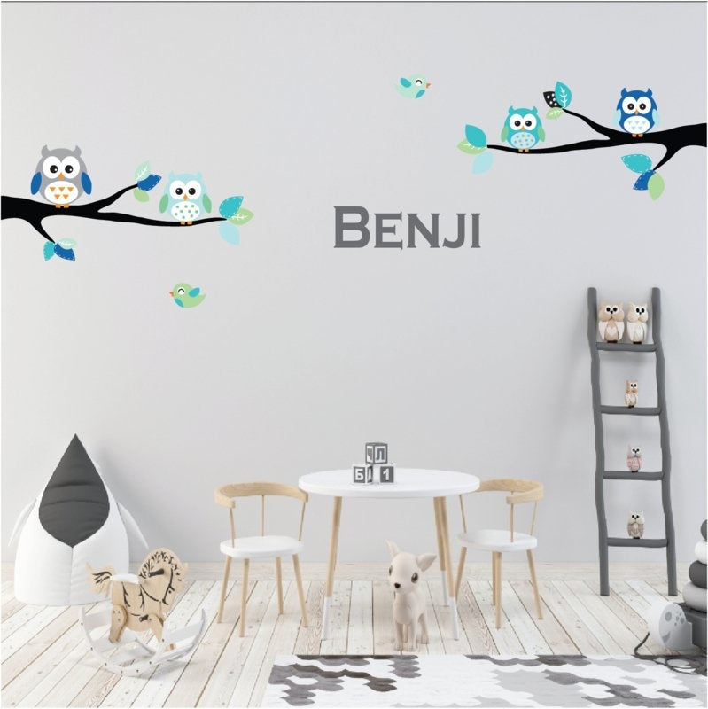 Muursticker takken met uilen ocean green XL kinderkamer