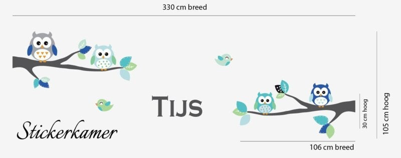 Muursticker takken met uilen ocean green XL kinderkamer