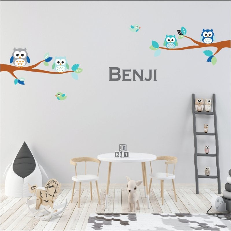 Muursticker takken met uilen ocean green XL kinderkamer