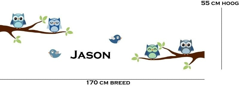 Muursticker takken + naam met uilen en vogels