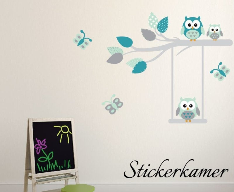 Muursticker uilen op tak mint- grijs - turquoise babykamer