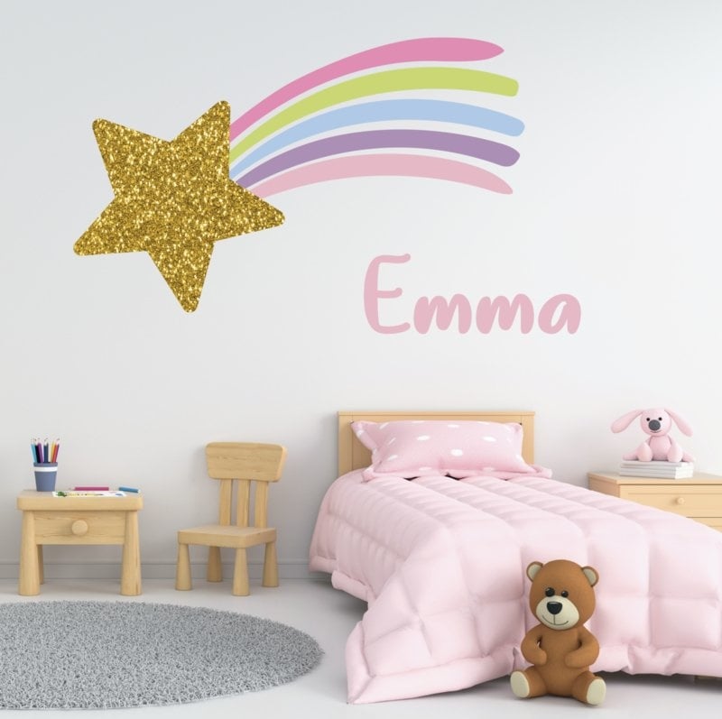 Muursticker vallende ster regenboog kleuren kinderkamer meisjes (glitter)