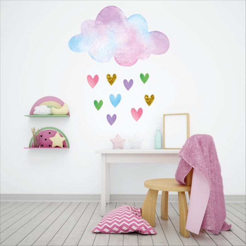 Muursticker wolk en hartjes unicorn stijl kinderkamer meisjes