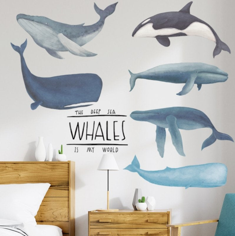 Muursticker zeedieren walvissen - bultrug - orka - potvis kinderkamer