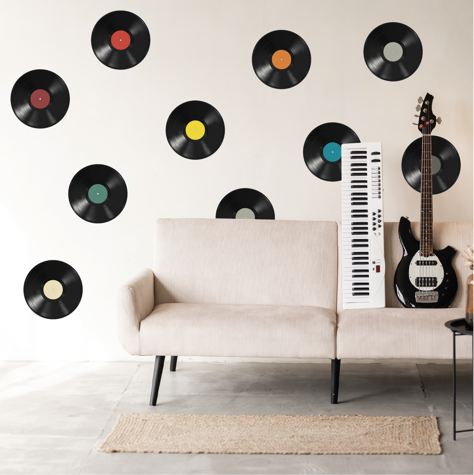 Retro Muurstickers LP Platen – Set van 10 Decoratieve Stickers (25x25 cm)