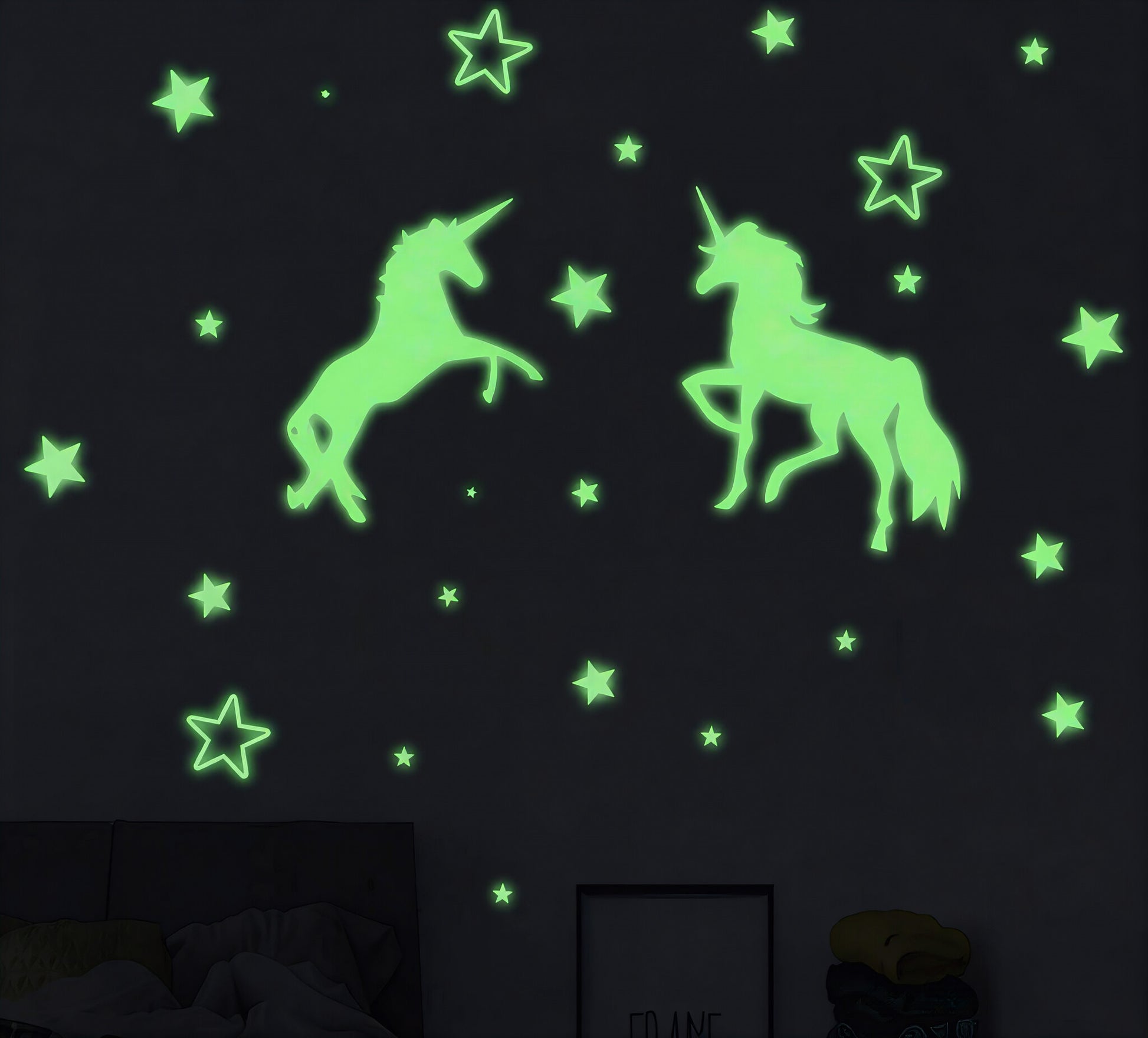 Muursticker unicorn  en sterren glow in the dark kinderkamer