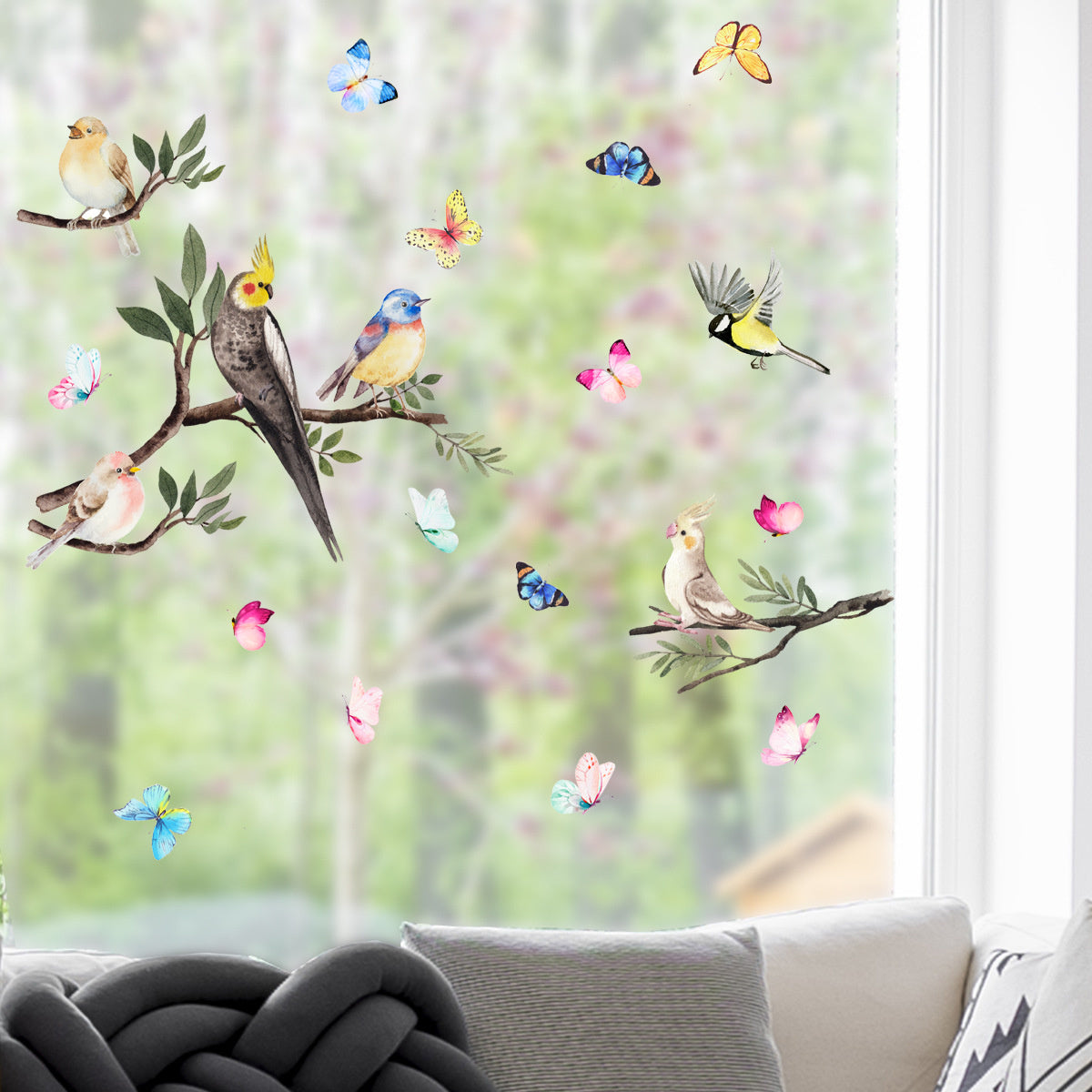 Raamdecoratie sticker zelfklevend vogel op tak
