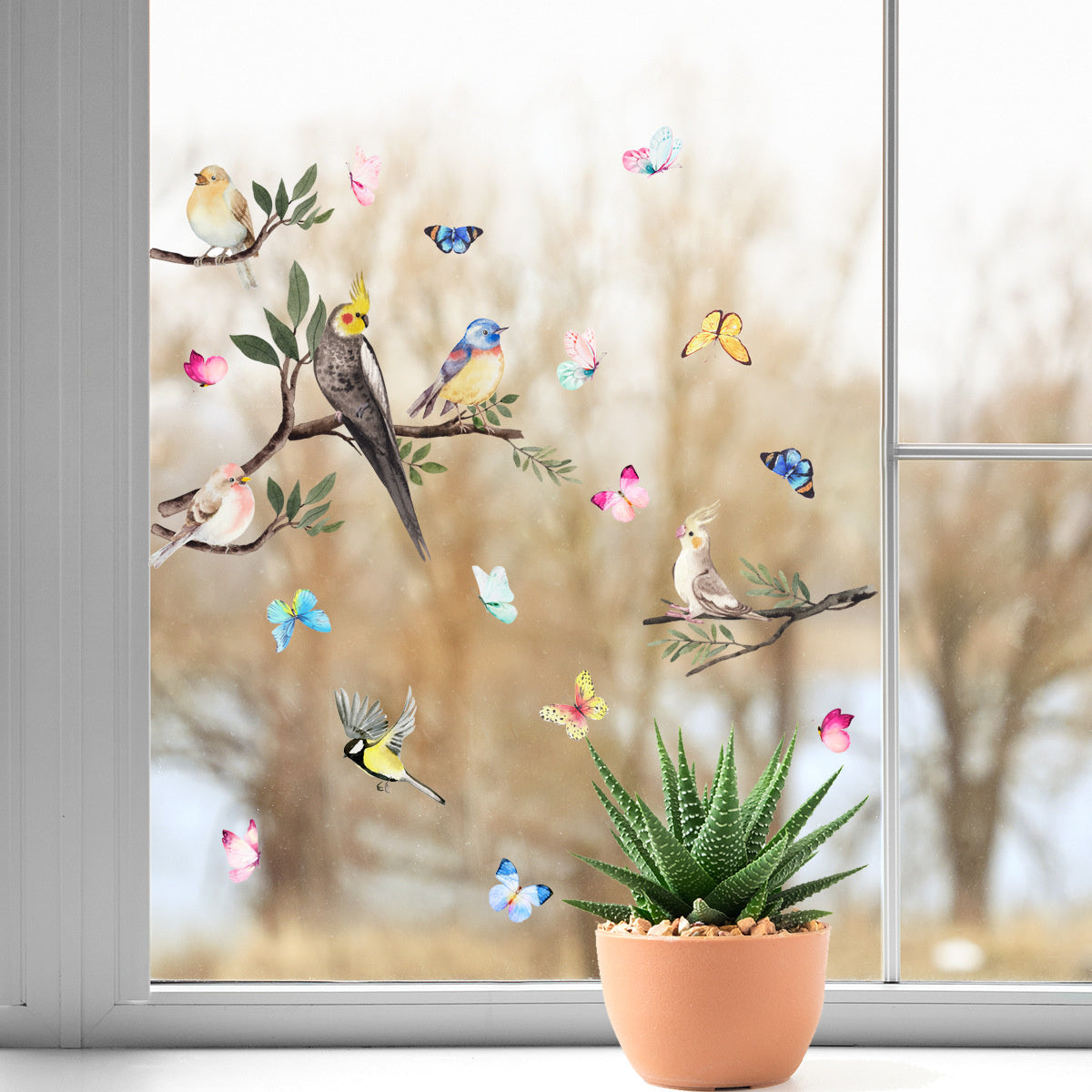 Raamdecoratie sticker zelfklevend vogel op tak