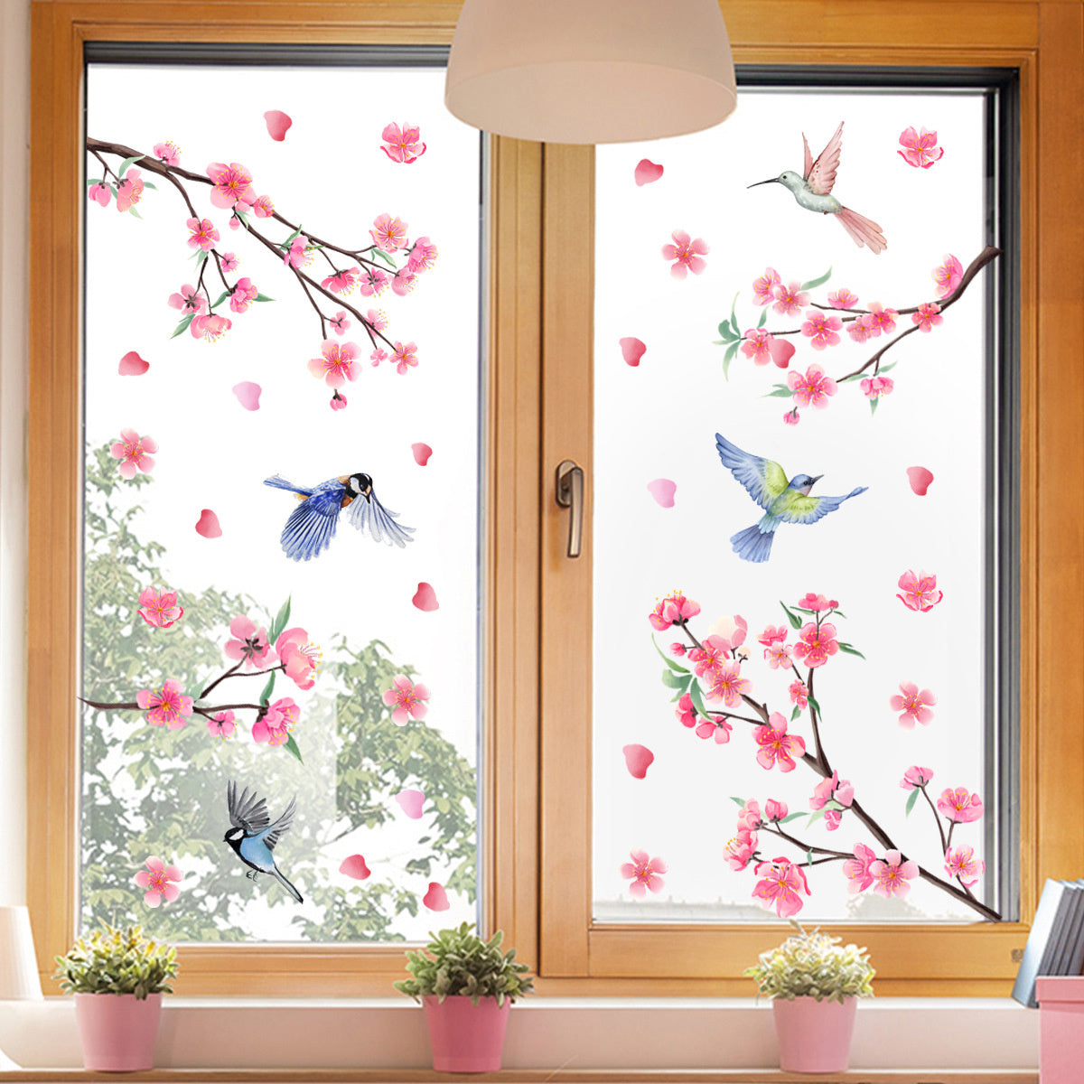 Raamsticker zelfklevend vogels op tak bloemen en vlinders
