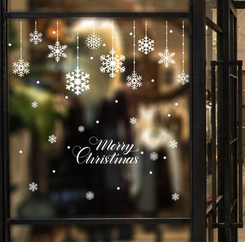 Raamsticker Merry Christmas witte sneeuwvlokken statisch hechtend
