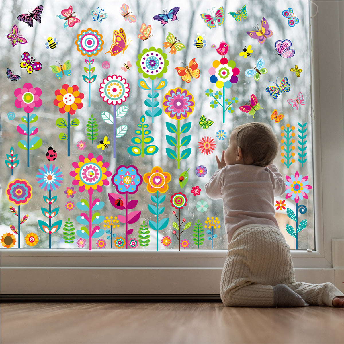 Bloemen met vlinders Statische raamstickers 9 vellen