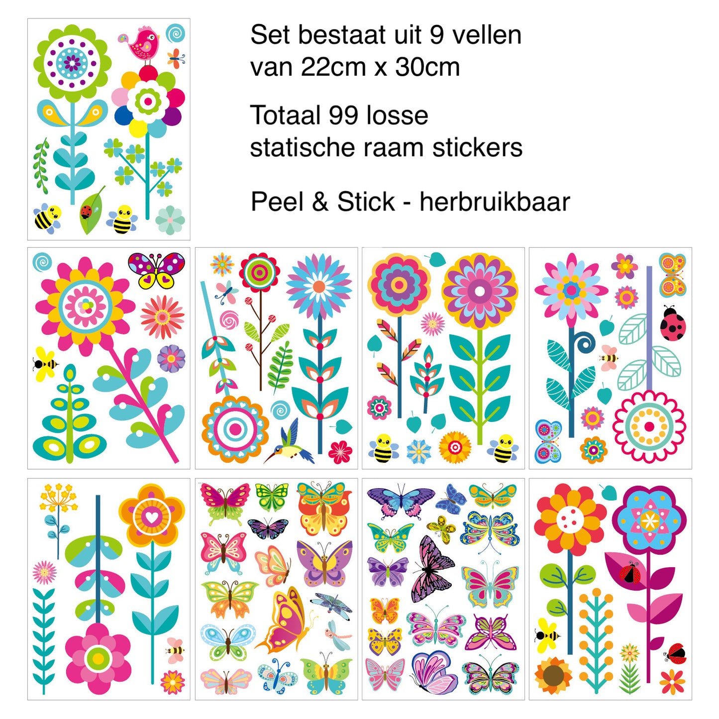 Bloemen met vlinders Statische raamstickers 9 vellen