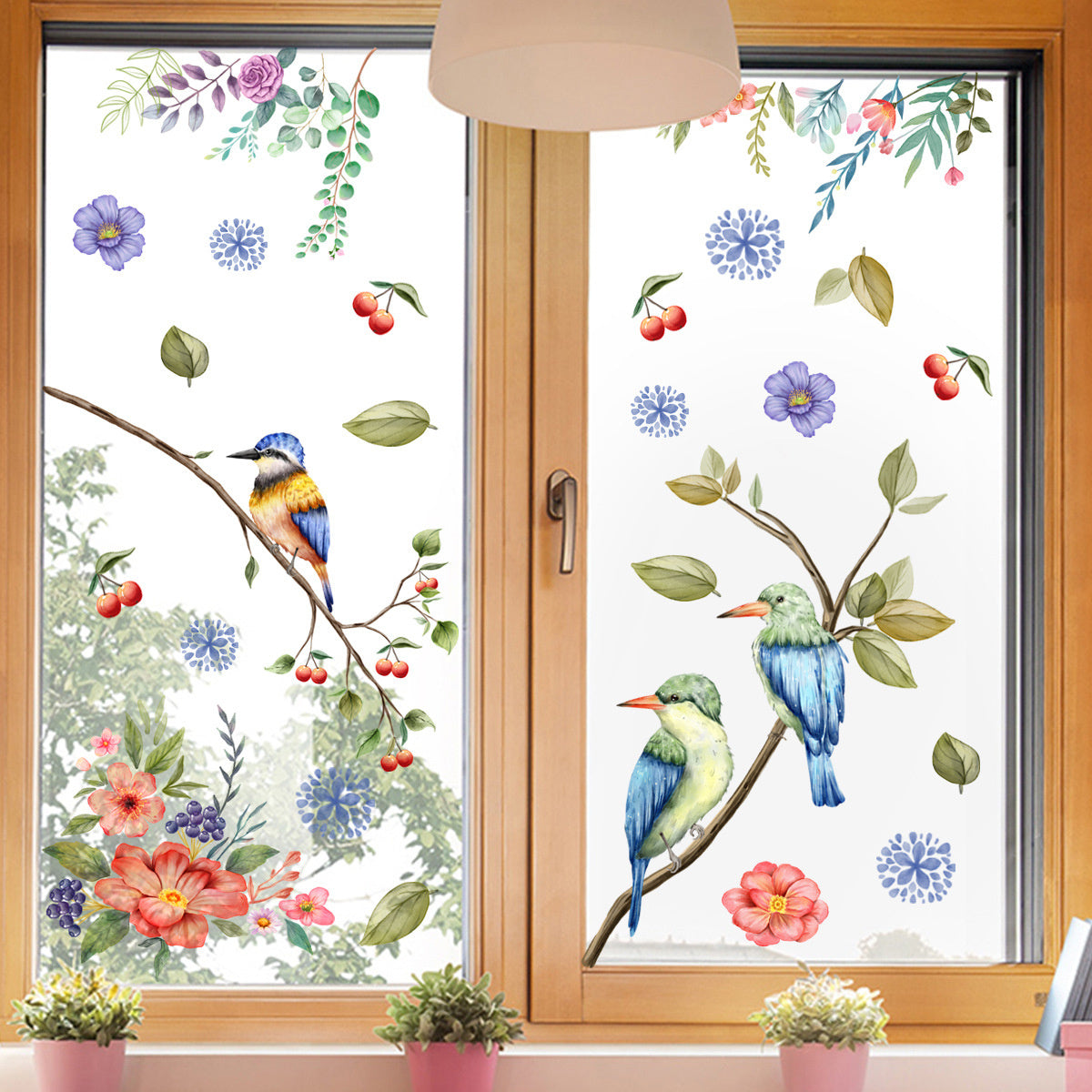 Raamsticker zelfklevend vogels met bloemen en kersen