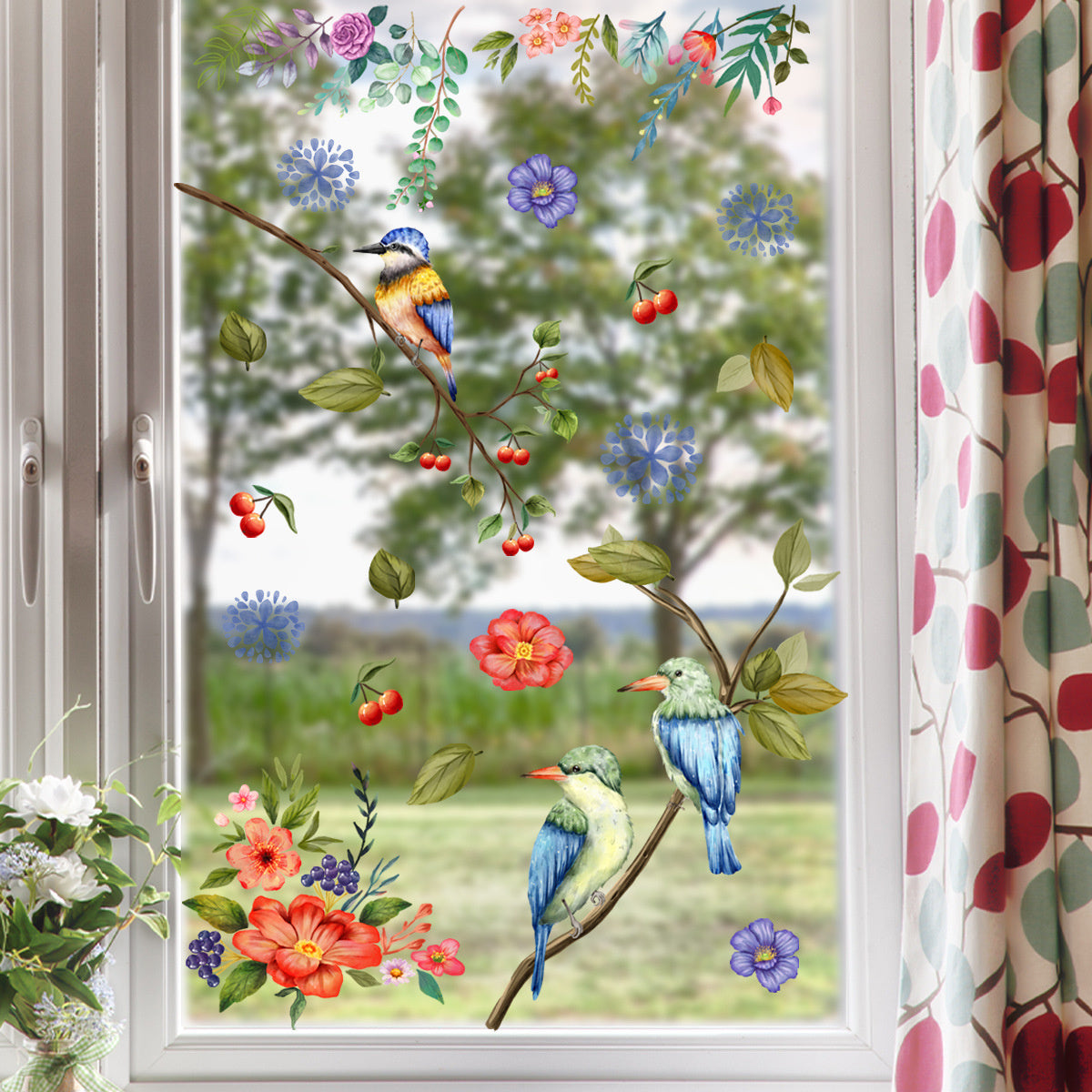 Raamsticker zelfklevend vogels met bloemen en kersen