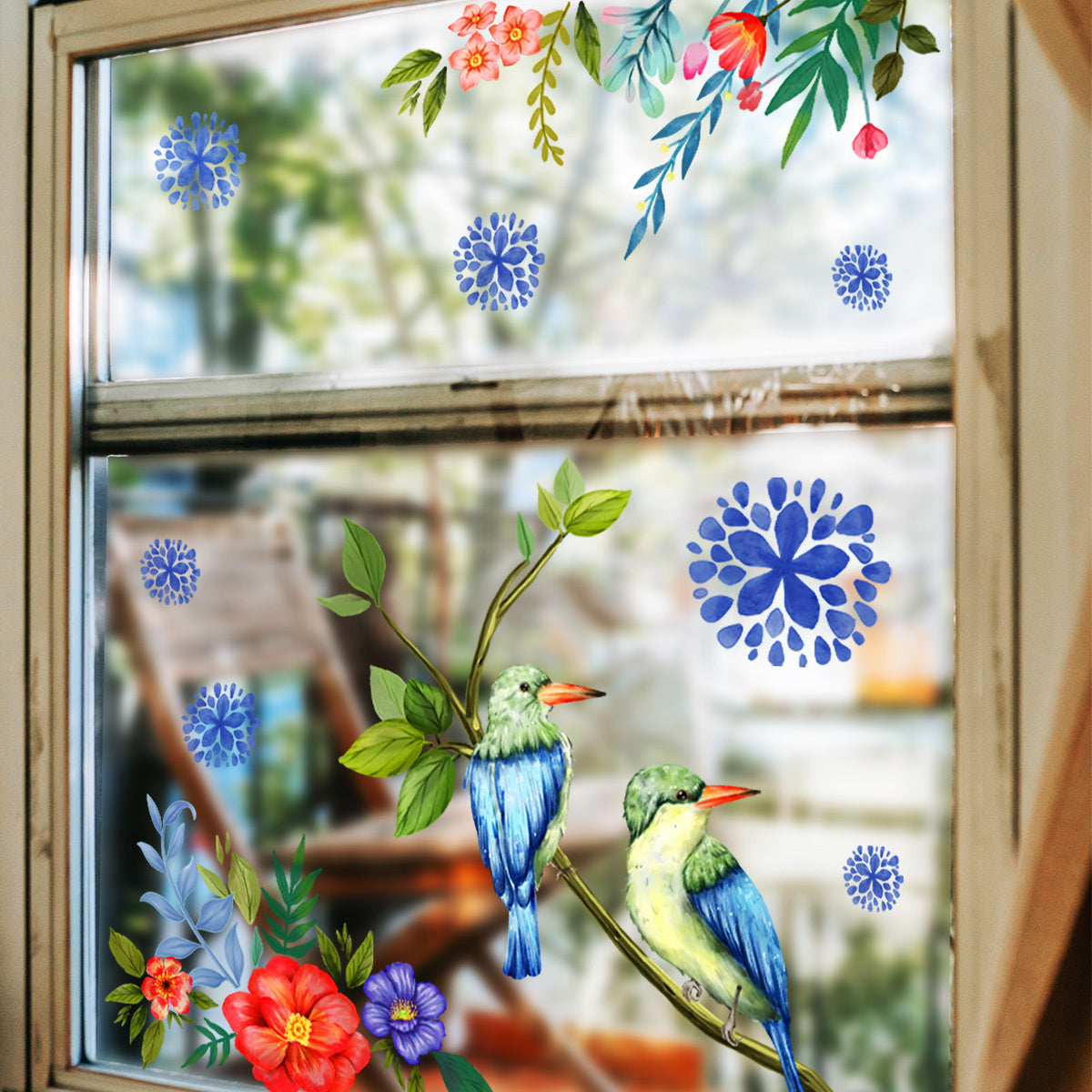 Raamsticker zelfklevend vogels met blauwe decoratie
