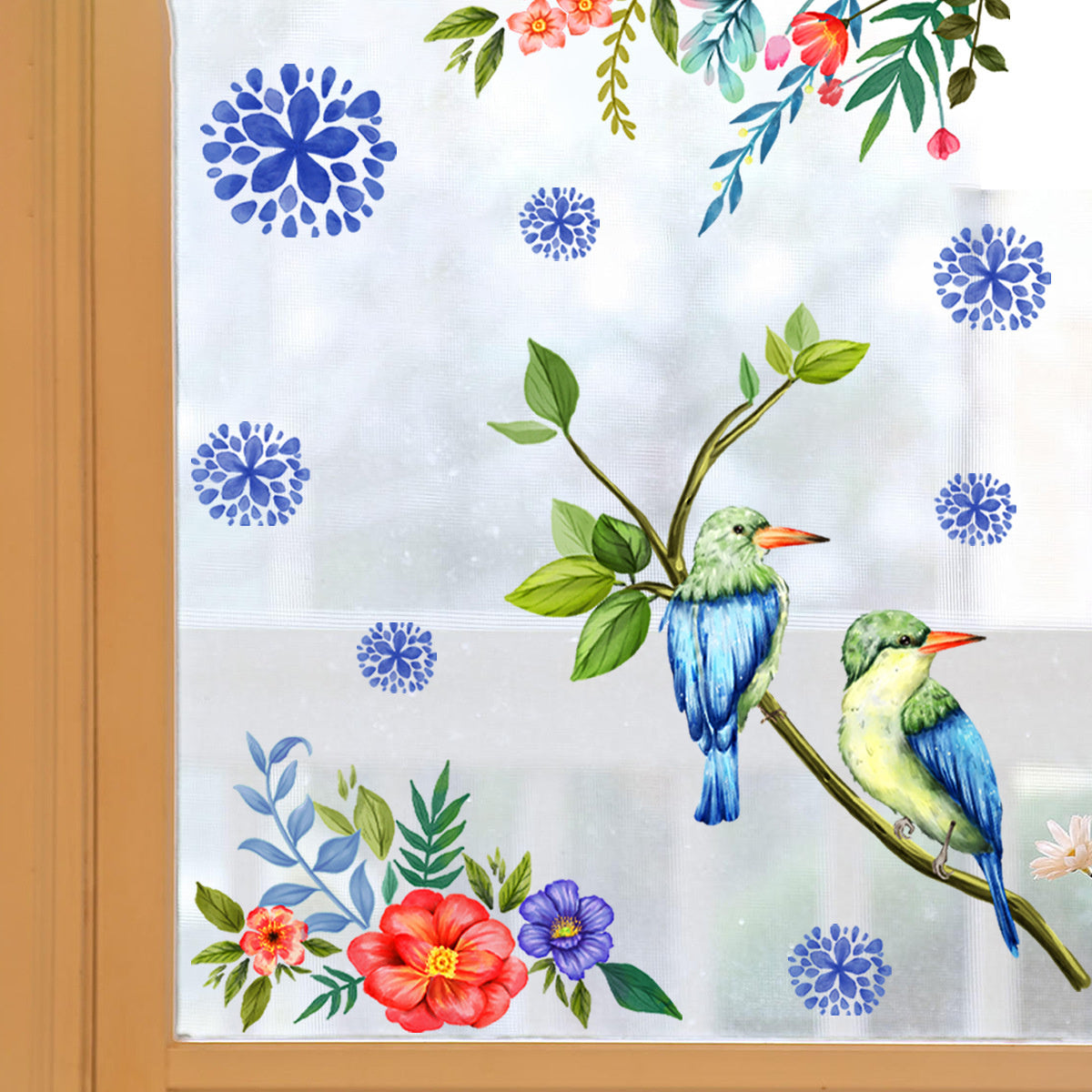 Raamsticker zelfklevend vogels met blauwe decoratie