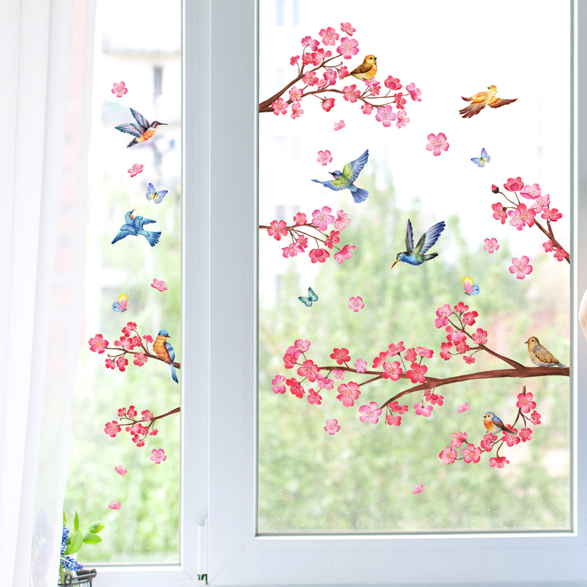 Raamsticker zelfklevend vogels roze bloemen en vlinders