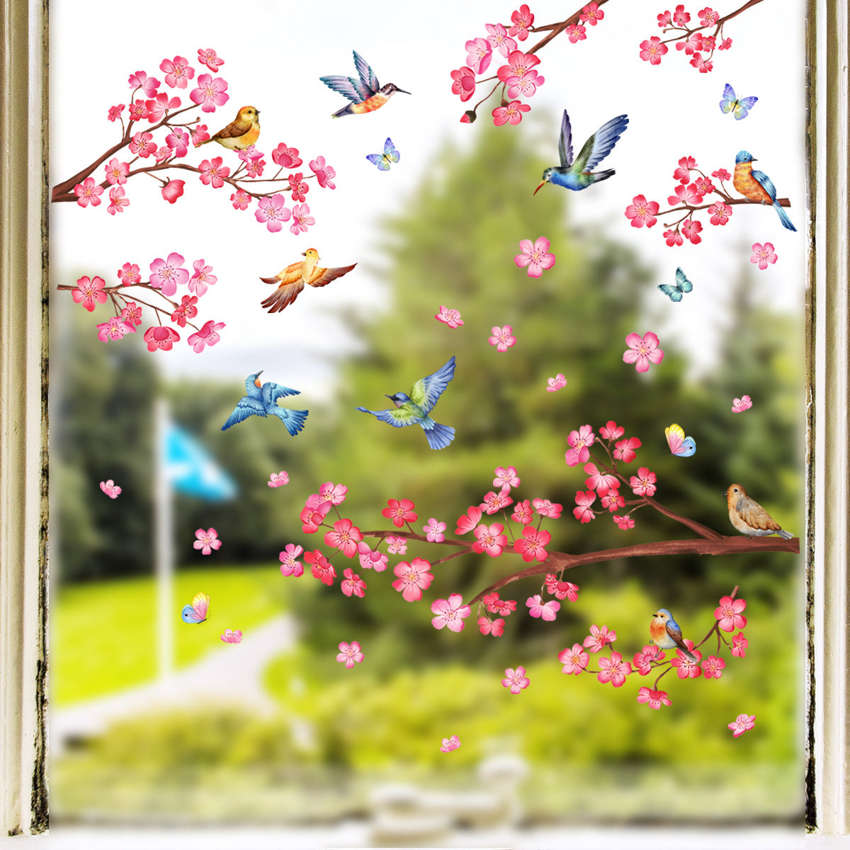 Raamsticker zelfklevend vogels roze bloemen en vlinders