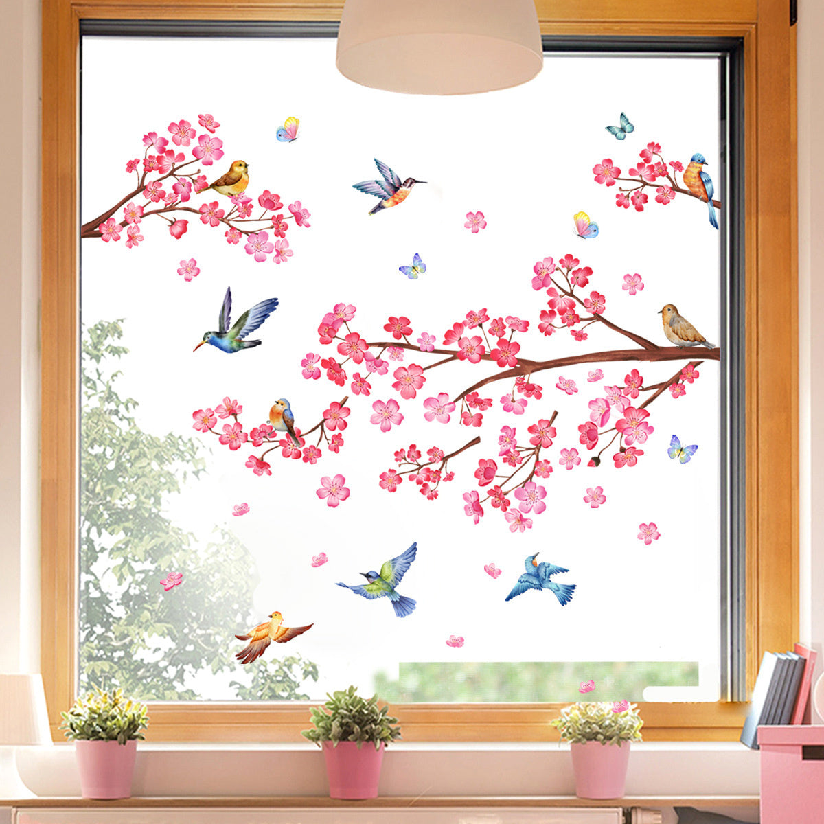 Raamsticker zelfklevend vogels roze bloemen en vlinders