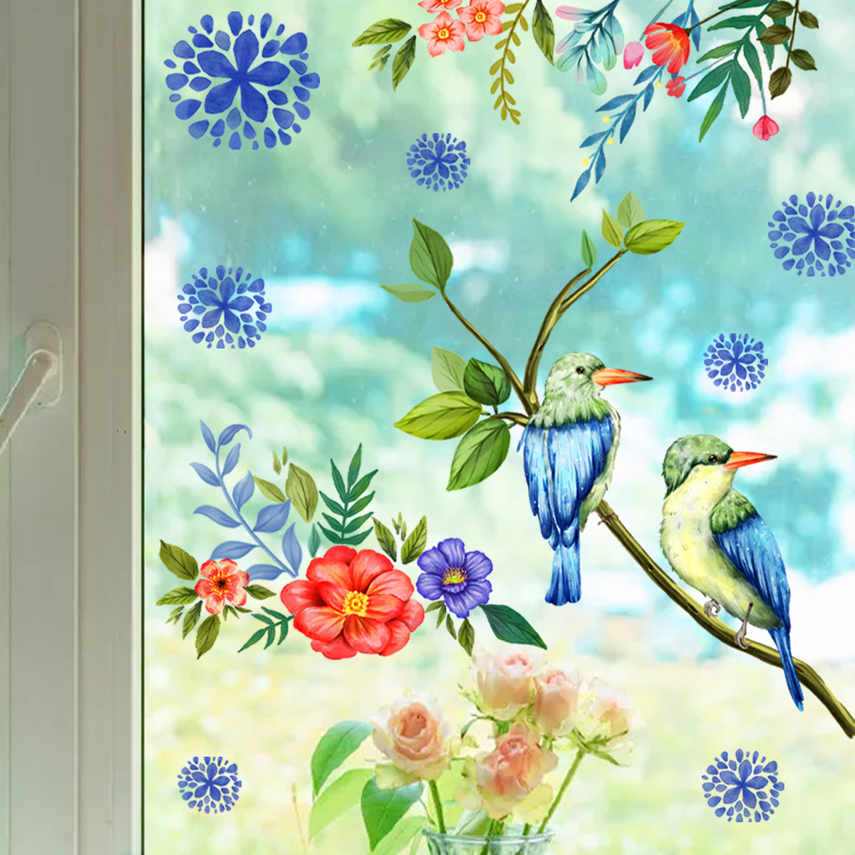 Raamsticker zelfklevend vogels met blauwe decoratie