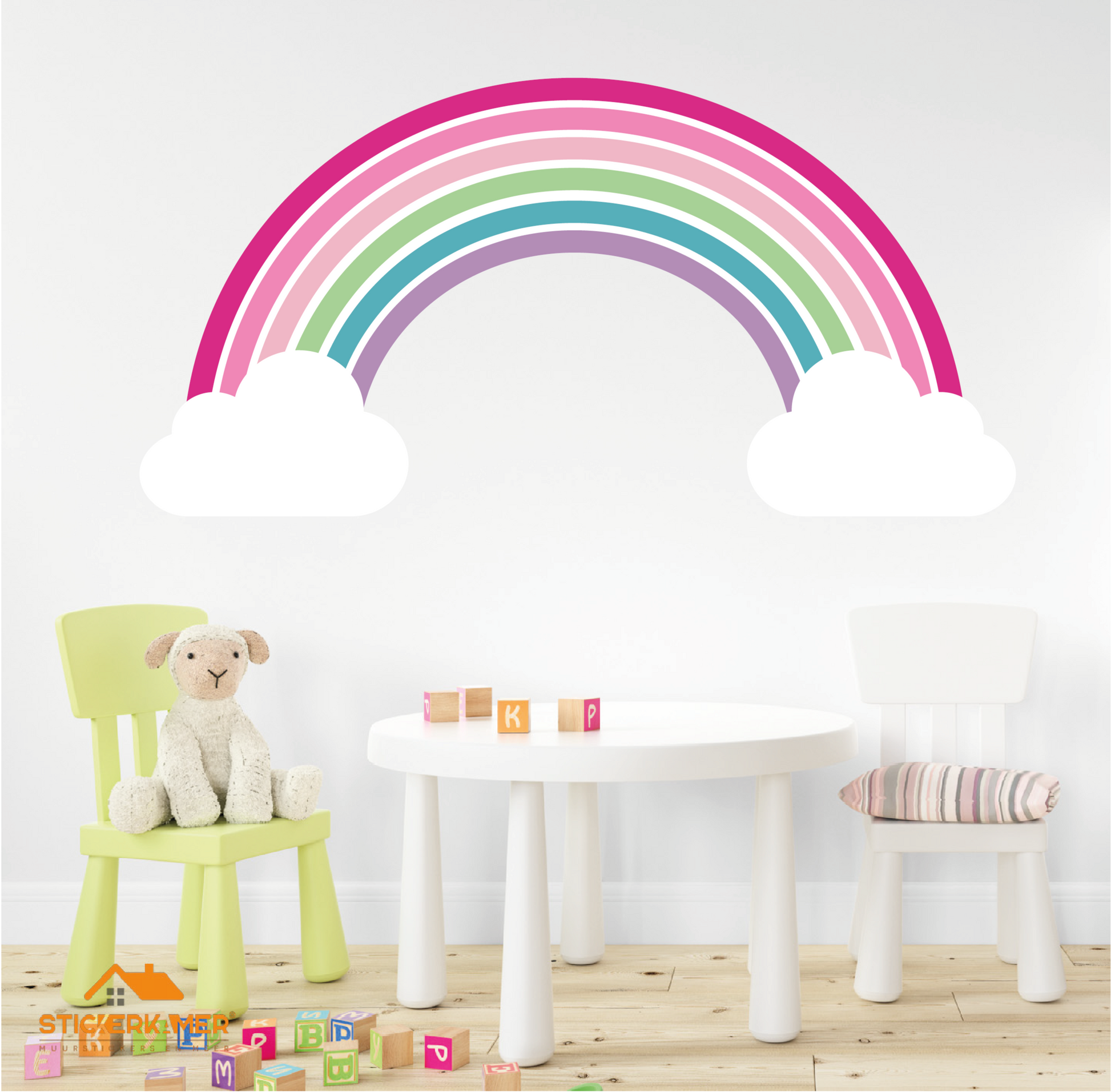 Muursticker regenboog met wolken kinderkamer