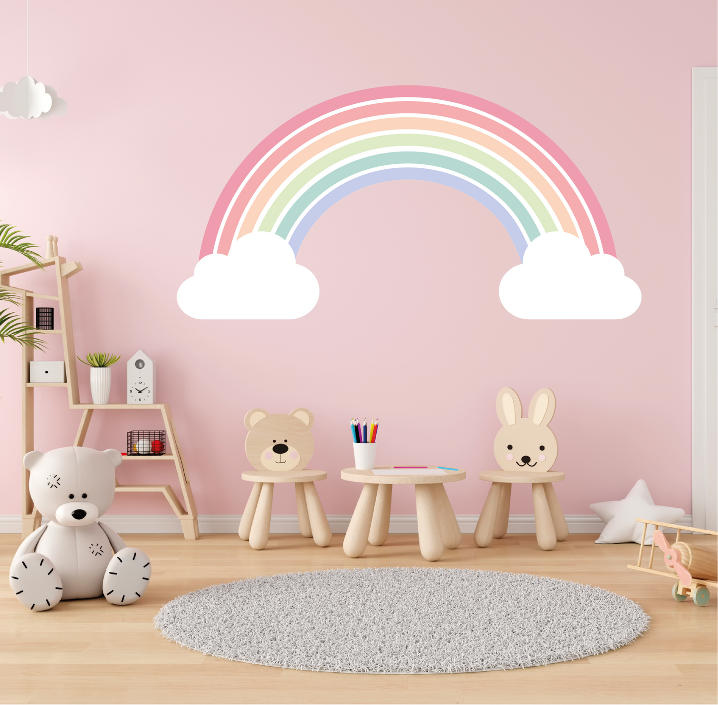 Muursticker regenboog met wolken zachte kleuren kinderkamer