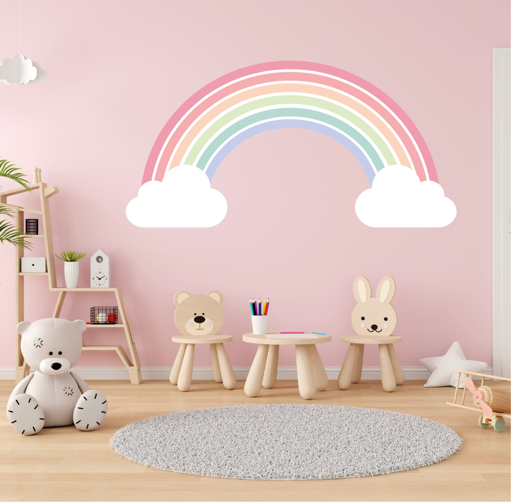 Muursticker regenboog met wolken zachte kleuren kinderkamer