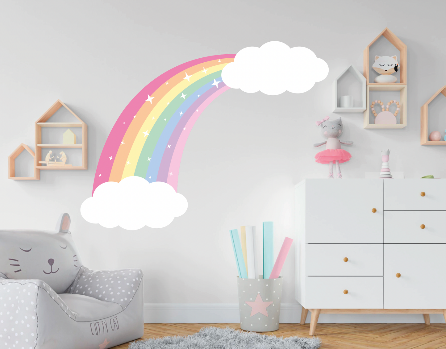 Muursticker regenboog en wolken kinderkamer