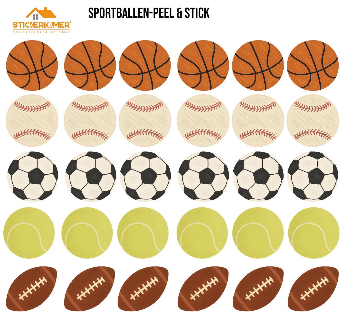 Sportballen muurstickers – rugby, voetbal, tennis, honkbal & basketbal
