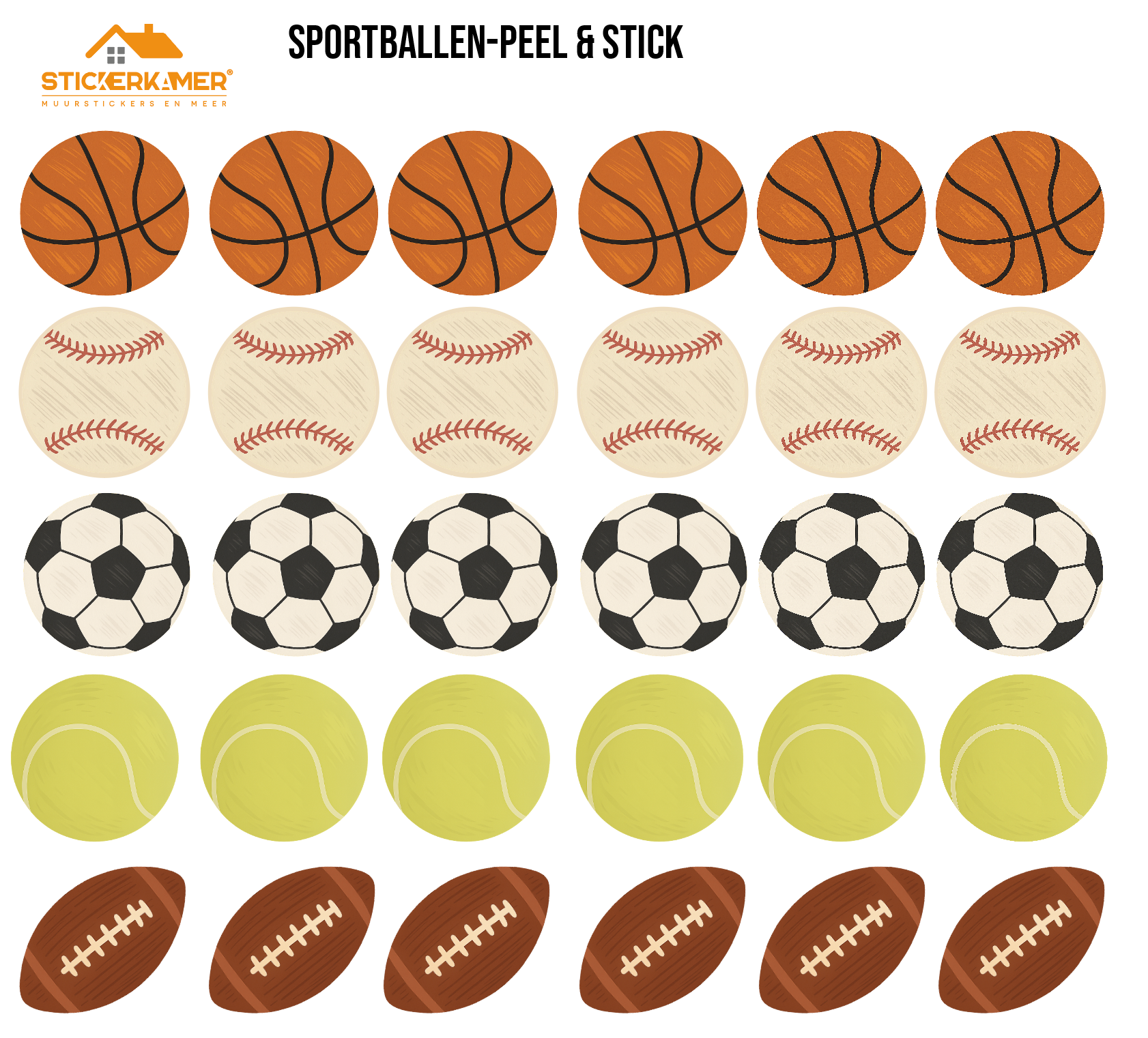 Sportballen muurstickers – rugby, voetbal, tennis, honkbal & basketbal