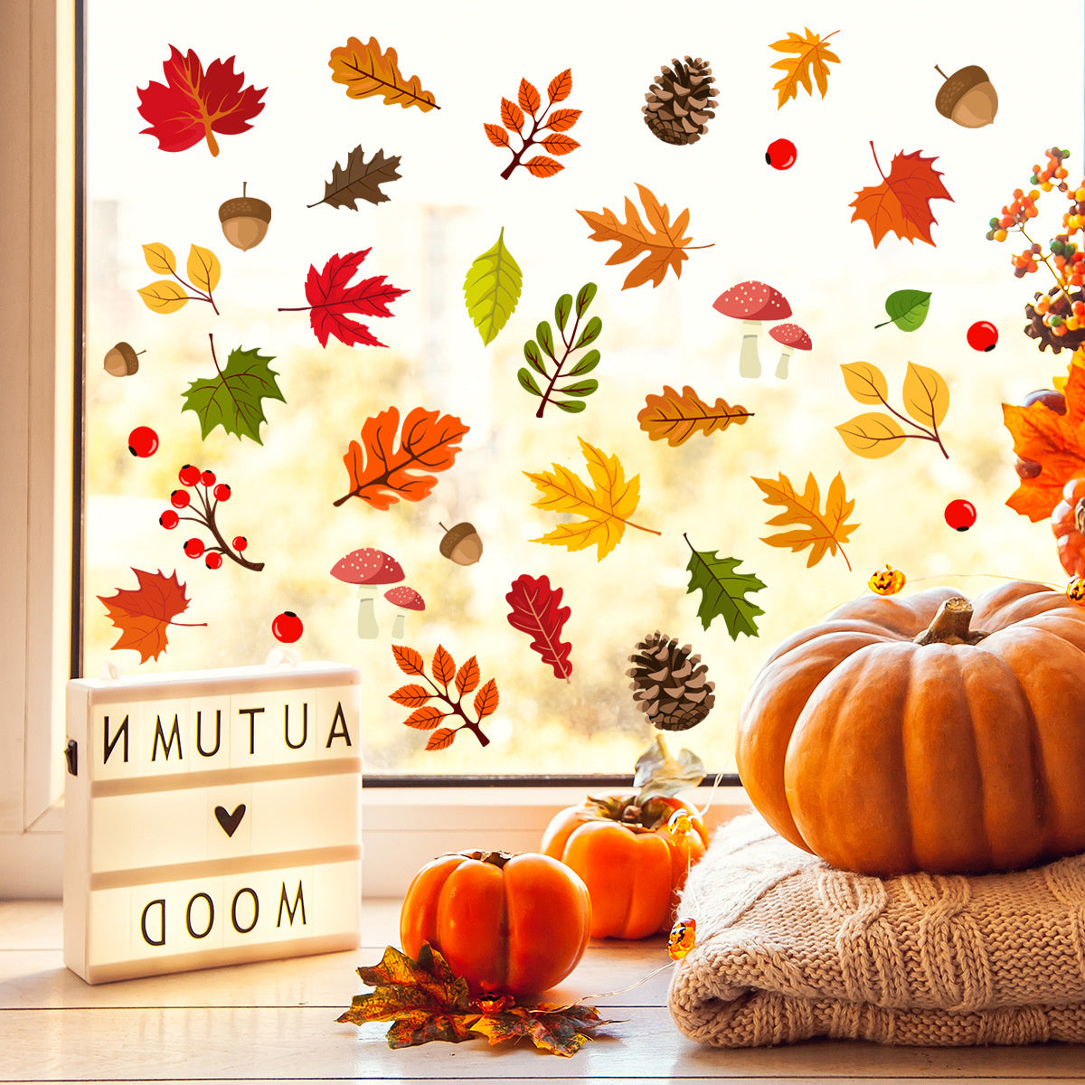 Statische raamdecoratie herfst bladeren thema