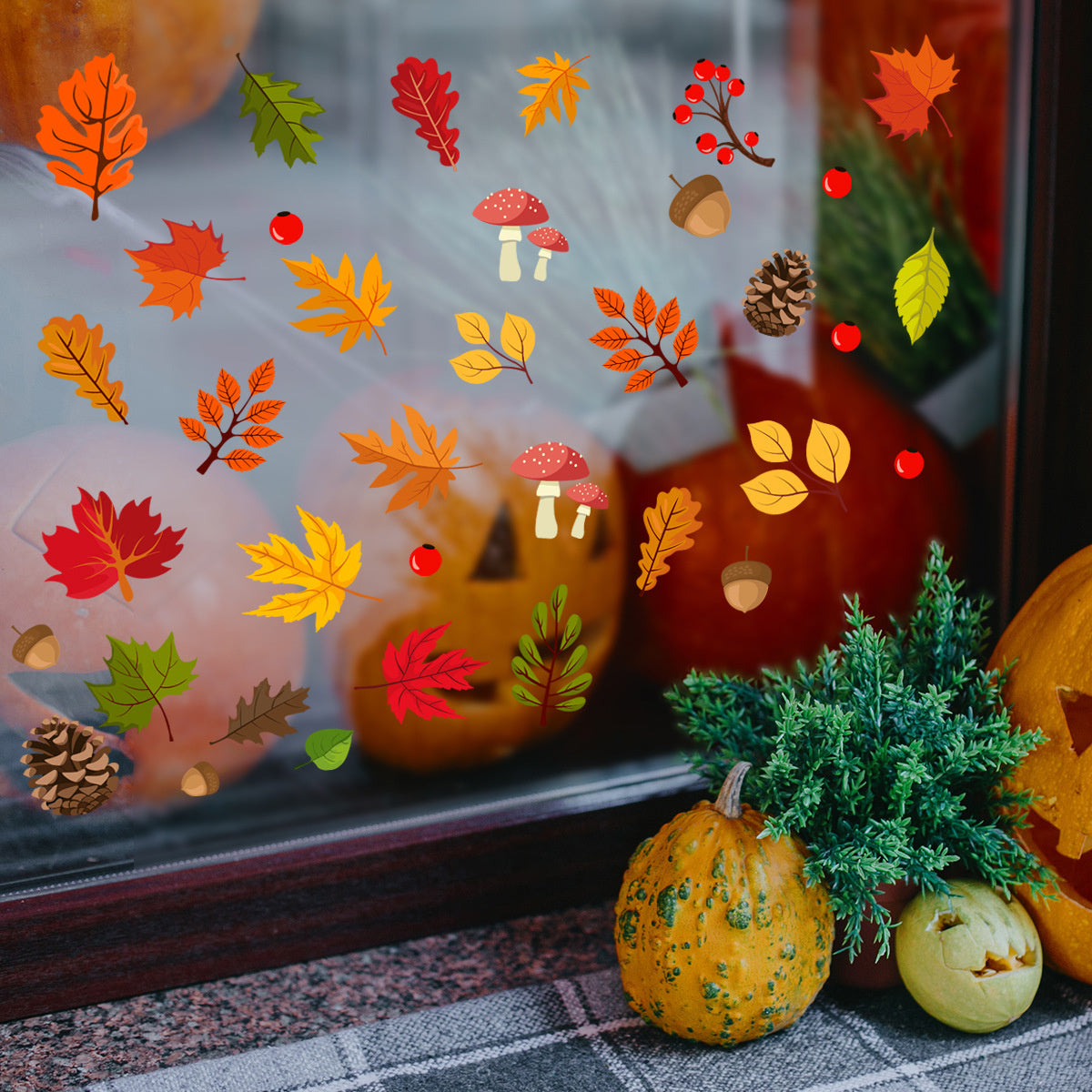 Statische raamdecoratie herfst bladeren thema
