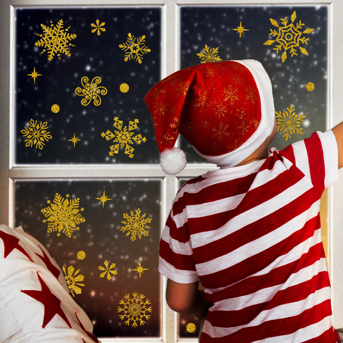 Statische raamfolie Kerst 39 delig sneeuwvlokken Goud glitter