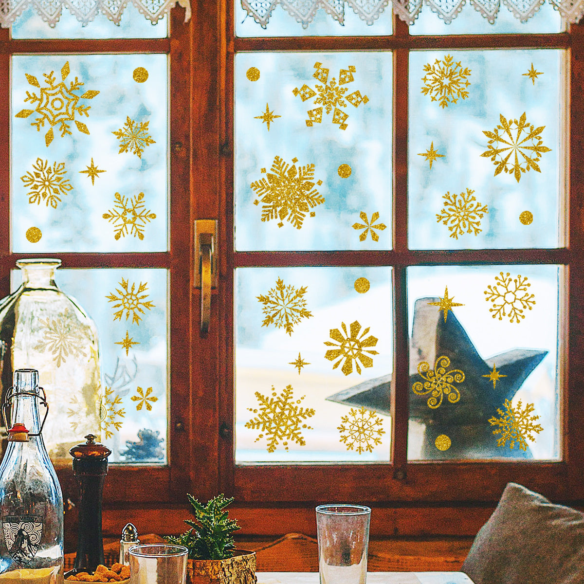 Statische raamfolie Kerst 39 delig sneeuwvlokken Goud glitter