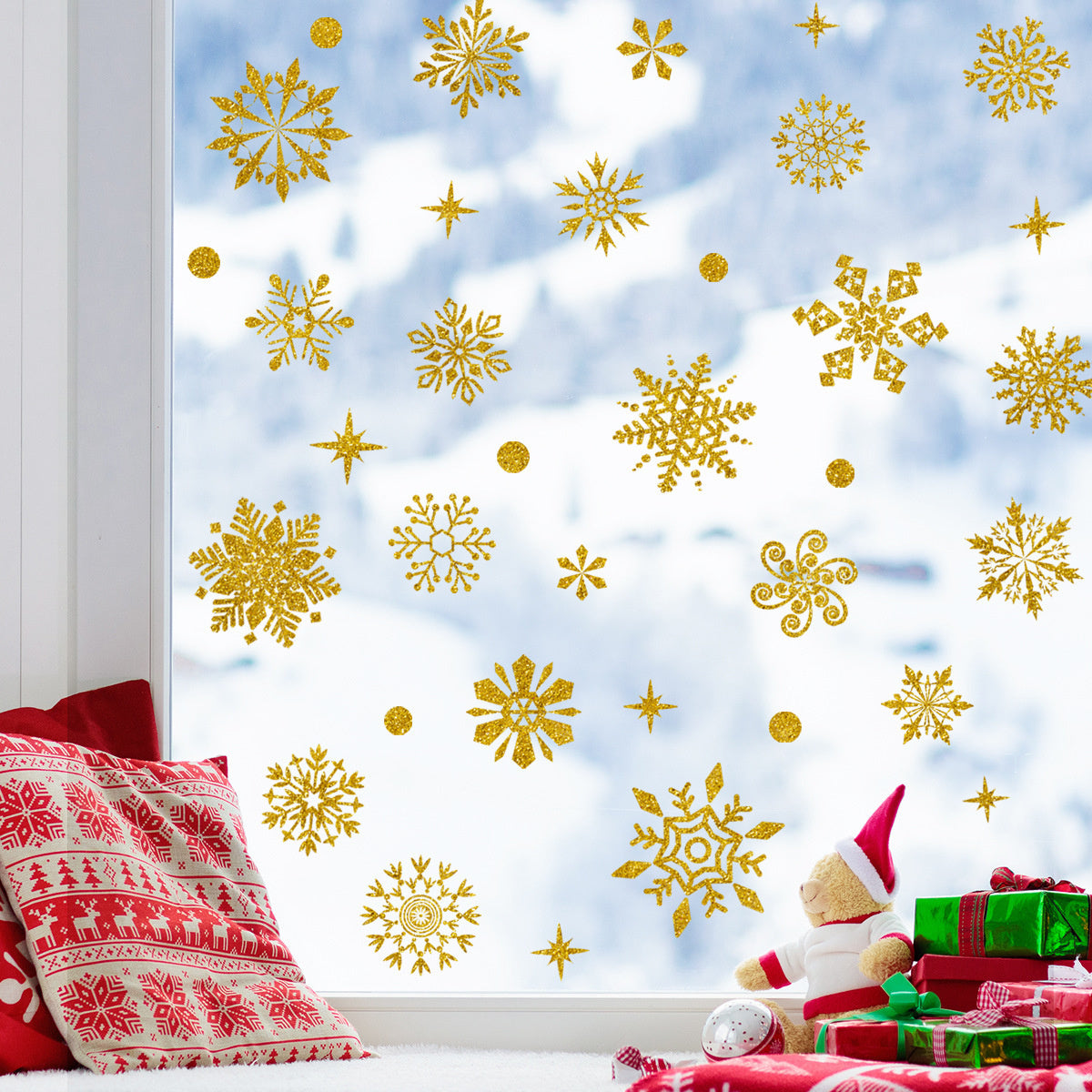 Statische raamfolie Kerst 39 delig sneeuwvlokken Goud glitter