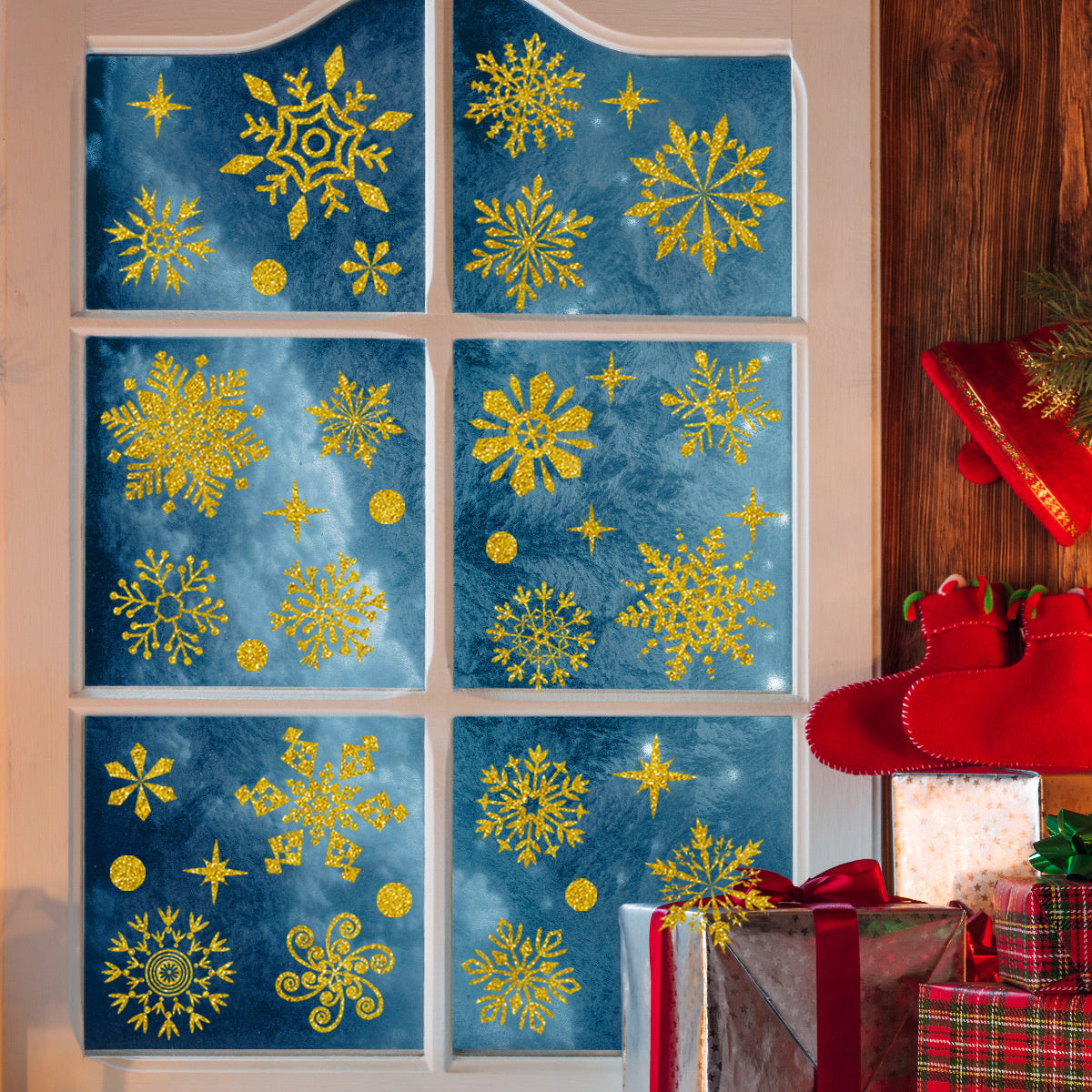 Statische raamfolie Kerst 39 delig sneeuwvlokken Goud glitter