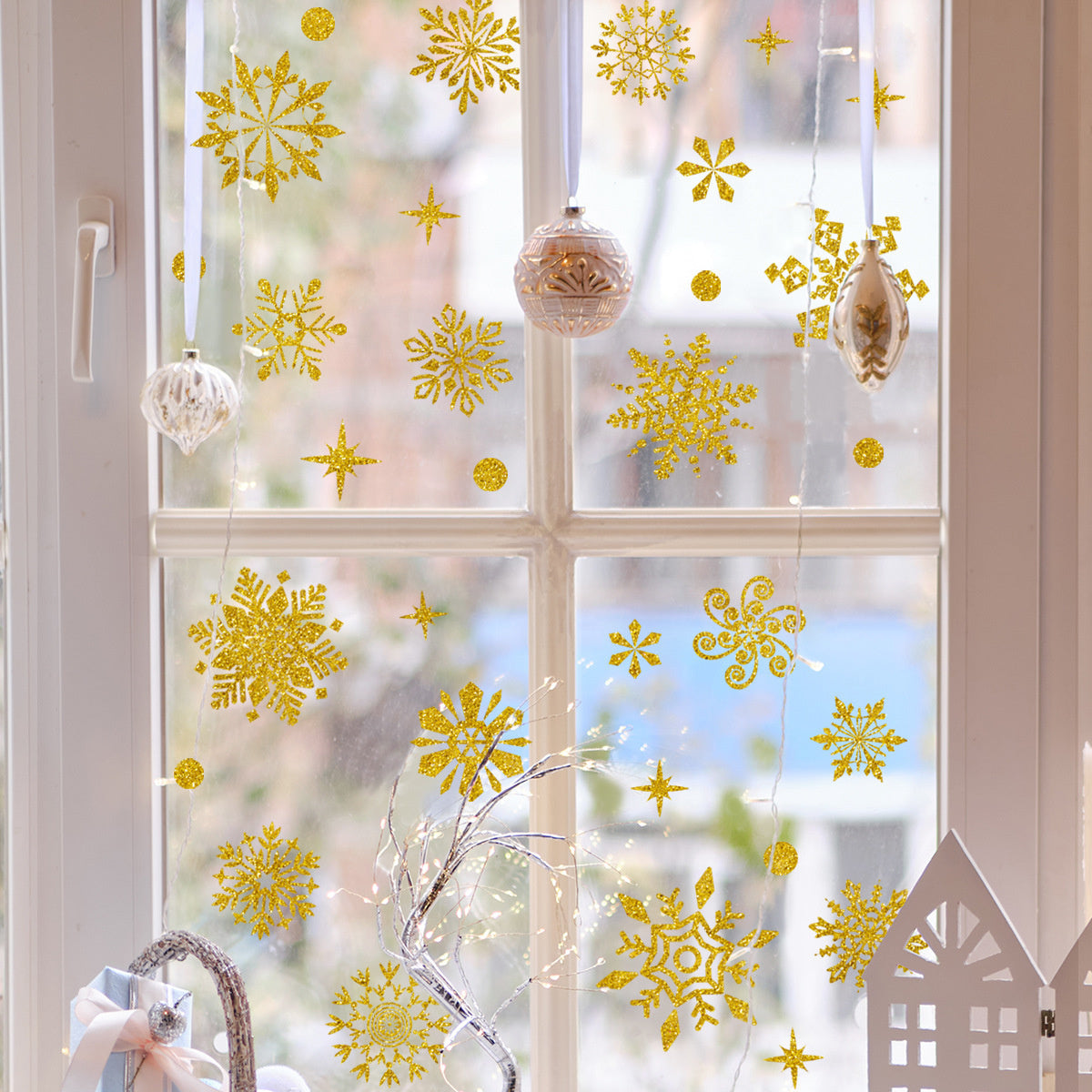 Statische raamfolie Kerst 39 delig sneeuwvlokken Goud glitter