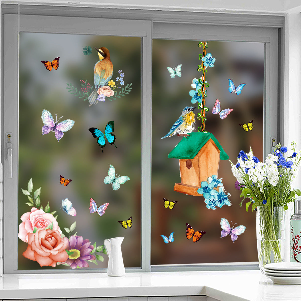 Statische raamdecoratie vogelhuisje