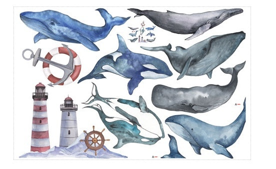 Muurstickers Walvissen & Orka’s – Aquarel Zee Dieren, Zelfklevend & Verwijderbaar
